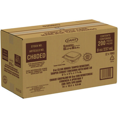 Dart ClearPac SafeSeal Tamper-Resistant/Evident Containers, Domed Lid, 8 oz, Clear, Plastic, 100/Bag, 2 Bags/Carton (CH8DED)
