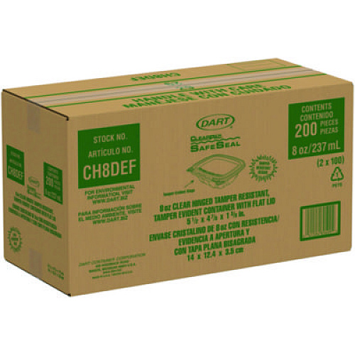 Dart ClearPac SafeSeal Tamper-Resistant/Evident Containers, Flat Lid, 8 oz, Clear, Plastic, 100/Bag, 2 Bags/Carton (CH8DEF)