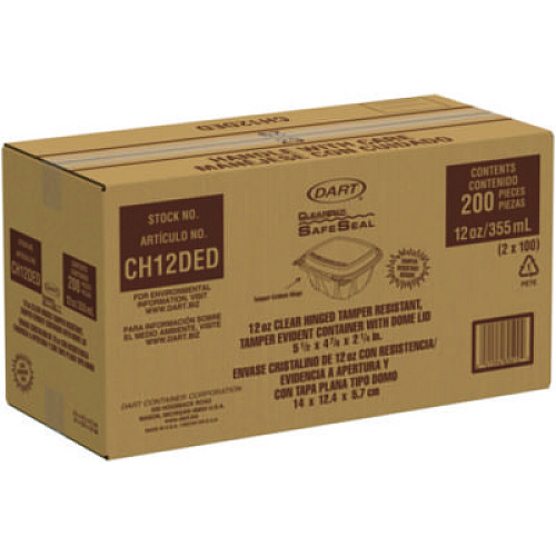 Dart ClearPac SafeSeal Tamper-Resistant/Evident Containers, Domed Lid, 12 oz, Clear, Plastic, 100/Bag, 2 Bags/Carton (CH12DED)