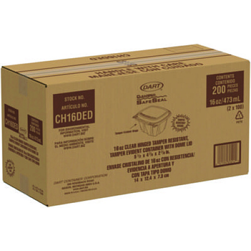 Dart ClearPac SafeSeal Tamper-Resistant/Evident Containers, Domed Lid, 16 oz, Clear, Plastic, 100/Bag, 2 Bags/Carton (CH16DED)