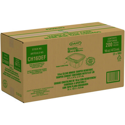 Dart ClearPac SafeSeal Tamper-Resistant/Evident Containers, Flat Lid, 16 oz, Clear, Plastic, 100/Bag, 2 Bags/Carton (CH16DEF)