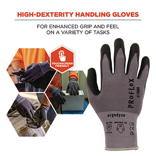 ergodyne ProFlex 7000 Nitrile-Coated Gloves Microfoam Palm, EN388: 4121A, 9" Long, X-Small, Gray, Pair (10371)