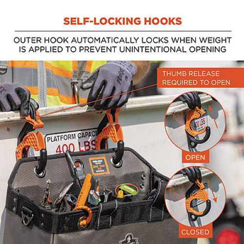 ergodyne Squids 3178 Locking Aerial Bucket Hook, Tethering Point, 8.27 x 6.69 x 2.17, Black/Orange, Supports 40 lbs (19178)