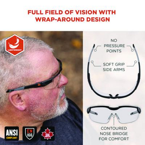 ergodyne Skullerz DELLENGER Anti-Scratch Anti-Fog Safety Glasses with Adjustable Temples, Matte Black Half Frame, Clear Single Lens (50066)