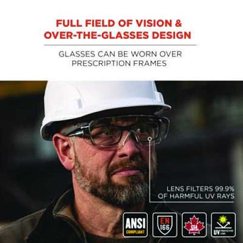 ergodyne Skullerz OSMIN Anti-Scratch Enhanced Anti-Fog Safety Glasses, Matte Black Half Frame OTG, Clear Single Lens (55102)