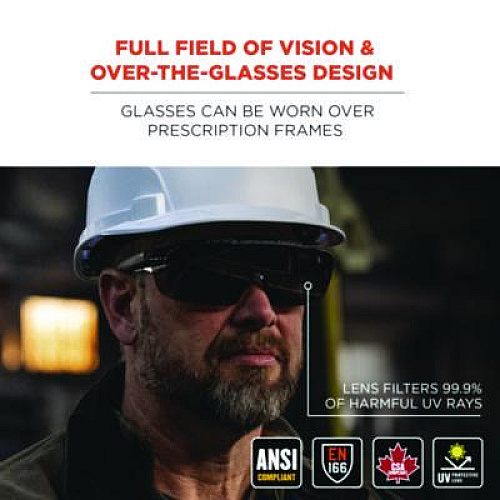ergodyne Skullerz OSMIN Anti-Scratch Enhanced Anti-Fog Safety Glasses, Matte Black Half Frame OTG, Smoke Single Lens (55106)