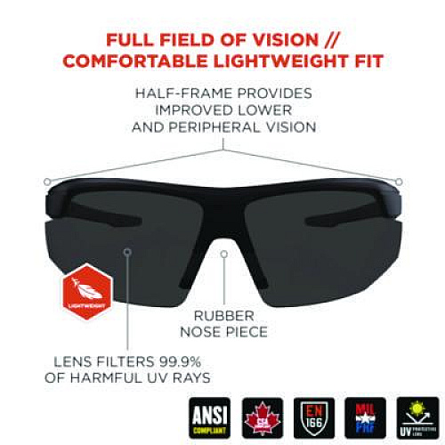 ergodyne Skullerz SKOLL Anti-Scratch Enhanced Anti-Fog Safety Glasses, Matte Black Half Frame, Smoke Single Lens (59035)