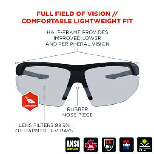 ergodyne Skullerz SKOLL Anti-Scratch Enhanced Anti-Fog Safety Glasses, Matte Black Half Frame, Clear Single I/O Lens (59085)