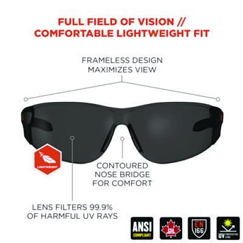 ergodyne Skullerz SAGA Anti-Scratch Enhanced Anti-Fog Safety Glasses, Frameless, Smoke Single Lens (59135)