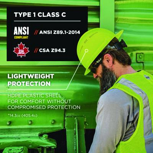 ergodyne Skullerz 8968 Class C Lightweight Full Brim Hard Hat, Adjustable Venting, 6-Point Rachet Suspension, Lime (60228)