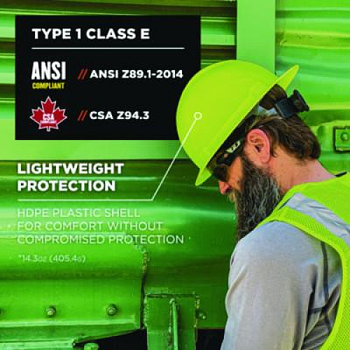 ergodyne Skullerz 8969 Class E Lightweight Full Brim Hard Hat, 6-Point Rachet Suspension, Lime (60232)