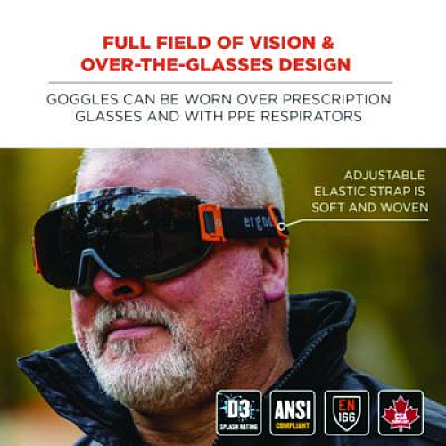 ergodyne Skullerz MODI OTG Anti-Scratch and Enhanced Anti-Fog Safety Goggles with Elastic Strap, Smoke Lens (60301)