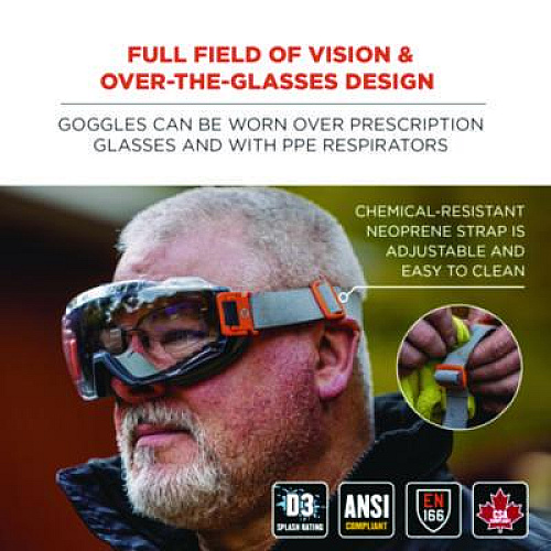 ergodyne Skullerz MODI OTG Anti-Scratch and Enhanced Anti-Fog Safety Goggles with Neoprene Strap, Clear Lens (60302)