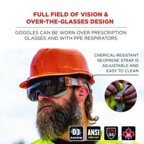 ergodyne Skullerz MODI OTG Anti-Scratch and Enhanced Anti-Fog Safety Goggles with Neoprene Strap, Smoke Lens (60303)