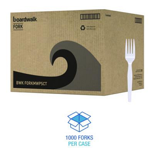 Boardwalk Mediumweight Polystyrene Cutlery, Fork, Plastic, White, 100/Box, 10 Boxes/Carton (FORKMWPSCT)
