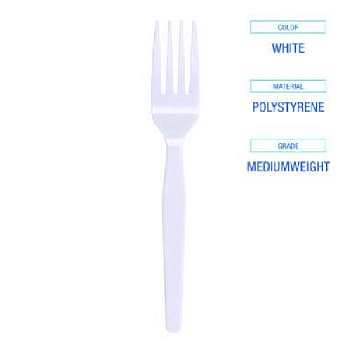 Boardwalk Mediumweight Polystyrene Cutlery, Fork, Plastic, White, 100/Box, 10 Boxes/Carton (FORKMWPSCT)
