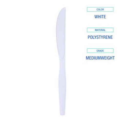 Boardwalk Mediumweight Polystyrene Cutlery, Knife, Plastic, White, 100/Box, 10 Boxes/Carton (KNIFEMWPSCT)