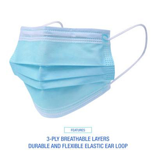 Boardwalk Three-Ply General Use Face Mask, Polypropylene, One Size Fits Most, Blue, 50/Box, 40 Boxes/Carton (MS2000)