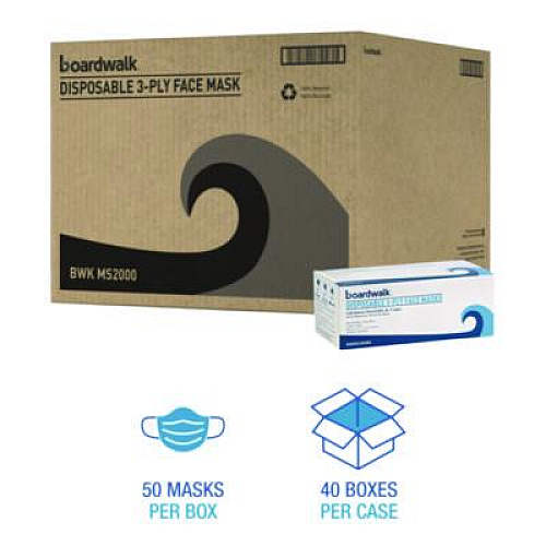 Boardwalk Three-Ply General Use Face Mask, Polypropylene, One Size Fits Most, Blue, 50/Box, 40 Boxes/Carton (MS2000)