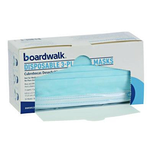 Boardwalk Three-Ply General Use Face Mask, Polypropylene, One Size Fits Most, Blue, 50/Box, 40 Boxes/Carton (MS2000)