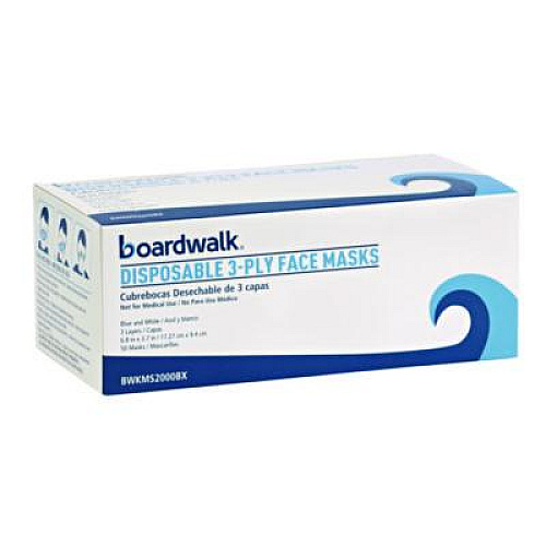 Boardwalk Three-Ply General Use Face Mask, Polypropylene, One Size Fits Most, Blue, 50/Box, 40 Boxes/Carton (MS2000)