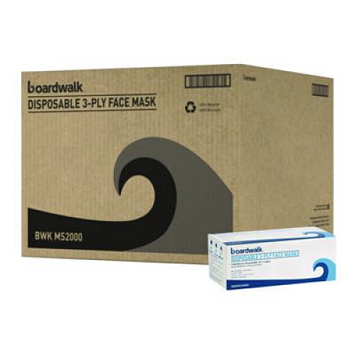 Boardwalk Three-Ply General Use Face Mask, Polypropylene, One Size Fits Most, Blue, 50/Box, 40 Boxes/Carton (MS2000)