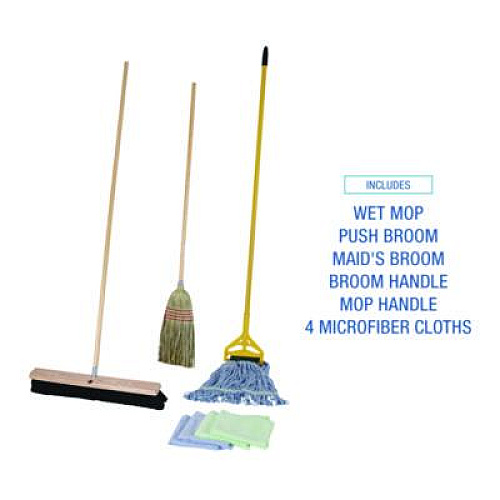 Boardwalk Cleaning Kit, Medium Blue Cotton/Rayon/Synthetic Head, 60" Natural/Yellow Wood/Metal Handle (CLEANKIT)