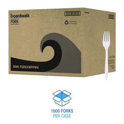 Boardwalk Heavyweight Polypropylene Cutlery, Fork, Plastic, White, 1,000/Carton (FORKHWPPWH)