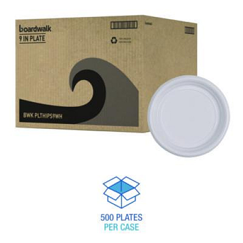 Boardwalk Hi-Impact Plastic Dinnerware, Plate, 9" dia, White, 500/Carton (PLTHIPS9WH)