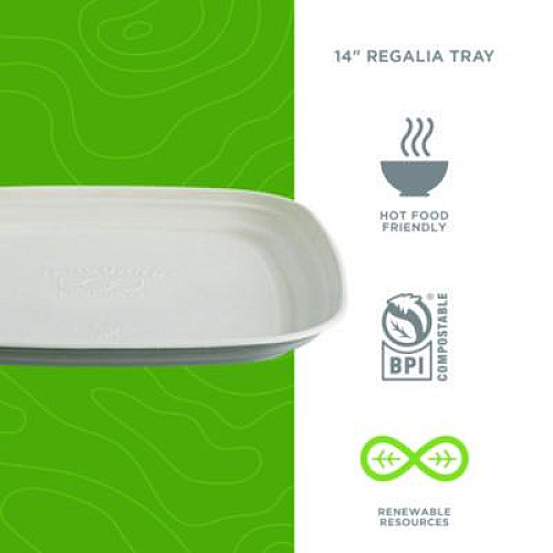 Eco-Products Regalia Renewable Sugarcane Tray, 9.06 x 14.37, White, Sugarcane, 100/Carton (EPSCTRS14NFA)