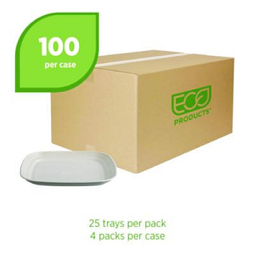 Eco-Products Regalia Renewable Sugarcane Tray, 9.06 x 14.37, White, Sugarcane, 100/Carton (EPSCTRS14NFA)