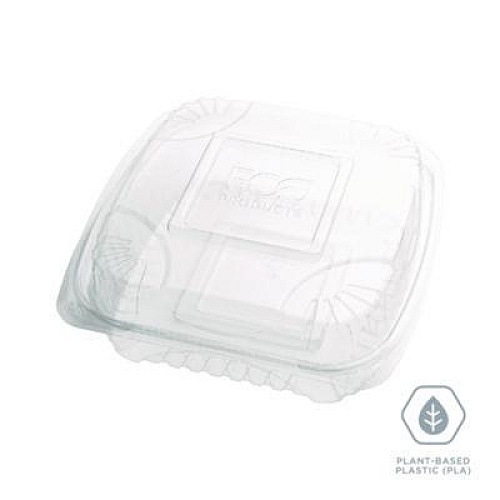 Eco-Products Renewable and Compostable Clear Clamshell Hinged Food Containers, 8 x 8 x 3, Plastic, 80/Pack, 2 Packs/Carton (EPLC81)