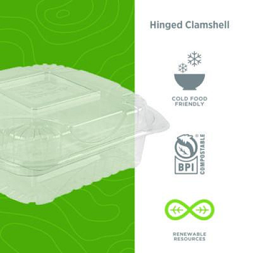 Eco-Products Renewable and Compostable Clear Clamshell Hinged Food Containers, 8 x 8 x 3, Plastic, 80/Pack, 2 Packs/Carton (EPLC81)