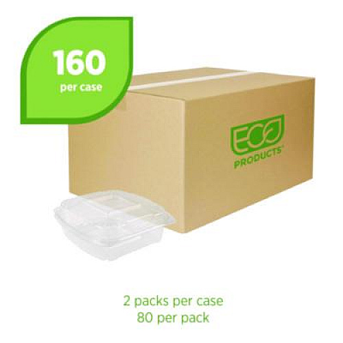 Eco-Products Renewable and Compostable Clear Clamshell Hinged Food Containers, 8 x 8 x 3, Plastic, 80/Pack, 2 Packs/Carton (EPLC81)