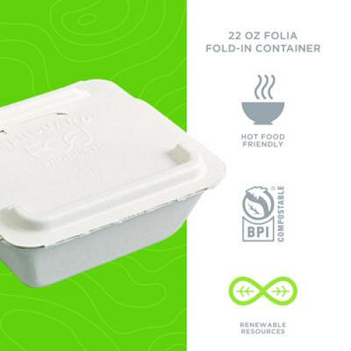 Eco-Products Vanguard Folia Renewable and Compostable Take-Out Container, 3 Compartments, 22 oz, 5.39 x 5.94 x 2, White, Sugarcane, 300/CT (EPFSC22NFA)