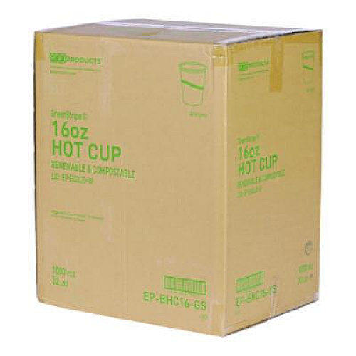 Eco-Products GreenStripe Renewable and Compostable Hot Cups, 16 oz, Paper, White/Green, 50/Pack, 20 Packs/Carton (EPBHC16GS)