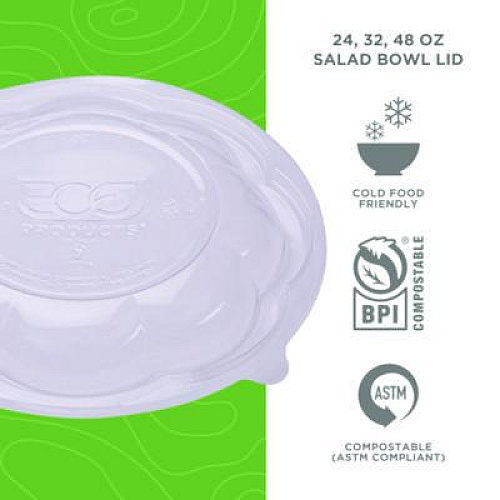 Eco-Products Renewable and Compostable Lids, Fits 24, 32 and 48 oz Salad Bowls, Clear, Plastic, 300/Carton (EPSBLID)