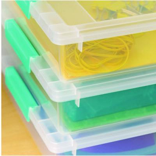 IRIS Latch Lid Storage Box, 2.3 gal, 14 x 11 x 3.5, Clear Bin/Seafoam Latches (301158)