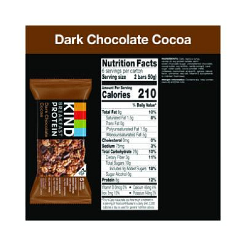 KIND Breakfast Protein Bars, Dark Chocolate Cocoa, 1.76 oz Two-Bar Packs, 6/Box (PHW41936)