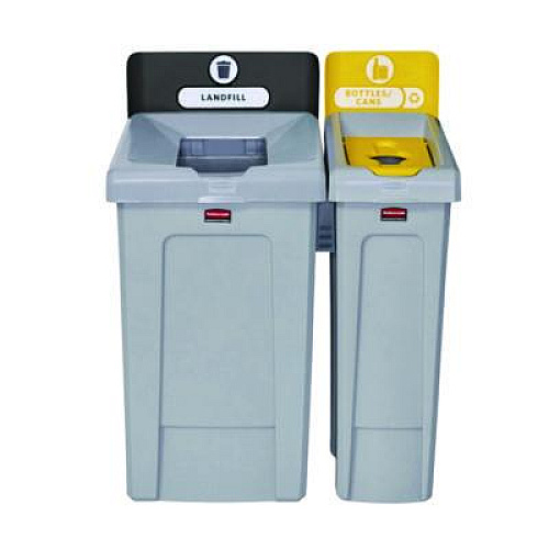 Rubbermaid Commercial Slim Jim Recycling Station Kit, 1-Stream Bottles and Cans, 23 gal, Plastic, Yellow/Gray (2185052)