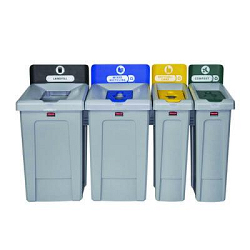 Rubbermaid Commercial Slim Jim Recycling Station Kit, 1-Stream Bottles and Cans, 23 gal, Plastic, Yellow/Gray (2185052)