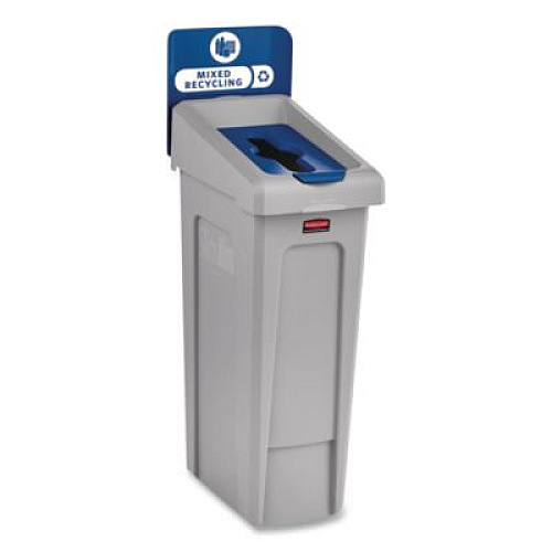 Rubbermaid Commercial Slim Jim Recycling Station Kit, 1-Stream Mixed Recycling, 23 gal, Plastic, Gray/Blue (2185055)