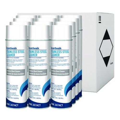 Boardwalk Stainless Steel Cleaner and Polish, Water-in-Oil Based, Lemon Scent, 18 oz Aerosol Spray, 12/Carton (347ACT)