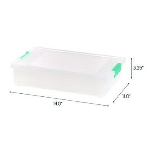 IRIS Latch Lid Storage Box, 2.3 gal, 14 x 11 x 3.5, Clear Bin/Seafoam Latches (301158)