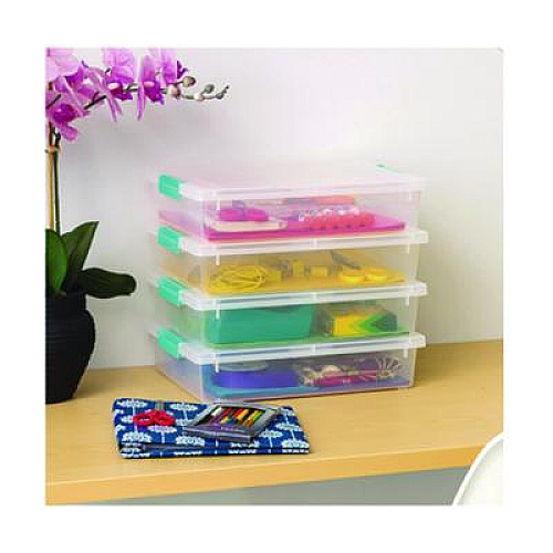 IRIS Latch Lid Storage Box, 2.3 gal, 14 x 11 x 3.5, Clear Bin/Seafoam Latches (301158)