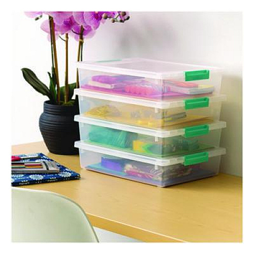 IRIS Latch Lid Storage Box, 2.3 gal, 14 x 11 x 3.5, Clear Bin/Seafoam Latches (301158)
