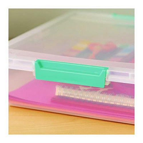 IRIS Latch Lid Storage Box, 2.3 gal, 14 x 11 x 3.5, Clear Bin/Seafoam Latches (301158)