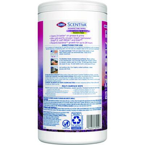 Clorox Scentiva Bleach Free Cleaning Wipes, 7.75 x 7, Tuscan Lavender and Jasmine, 75/Canister (60040)
