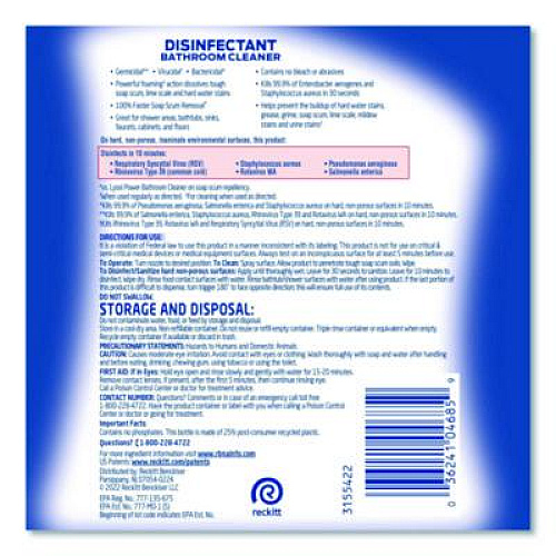 Professional LYSOL Brand Disinfectant Bathroom Cleaner, 32 oz Spray Bottle, 12/Carton (04685CT)