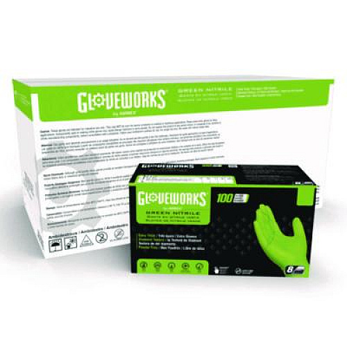 GloveWorks by AMMEX Heavy-Duty Industrial Nitrile Gloves, Powder-Free, Medium, 8 mil Thick, 9.5" Long, Green, 100/Box, 10 Boxes/Carton (GWGN44100CT)